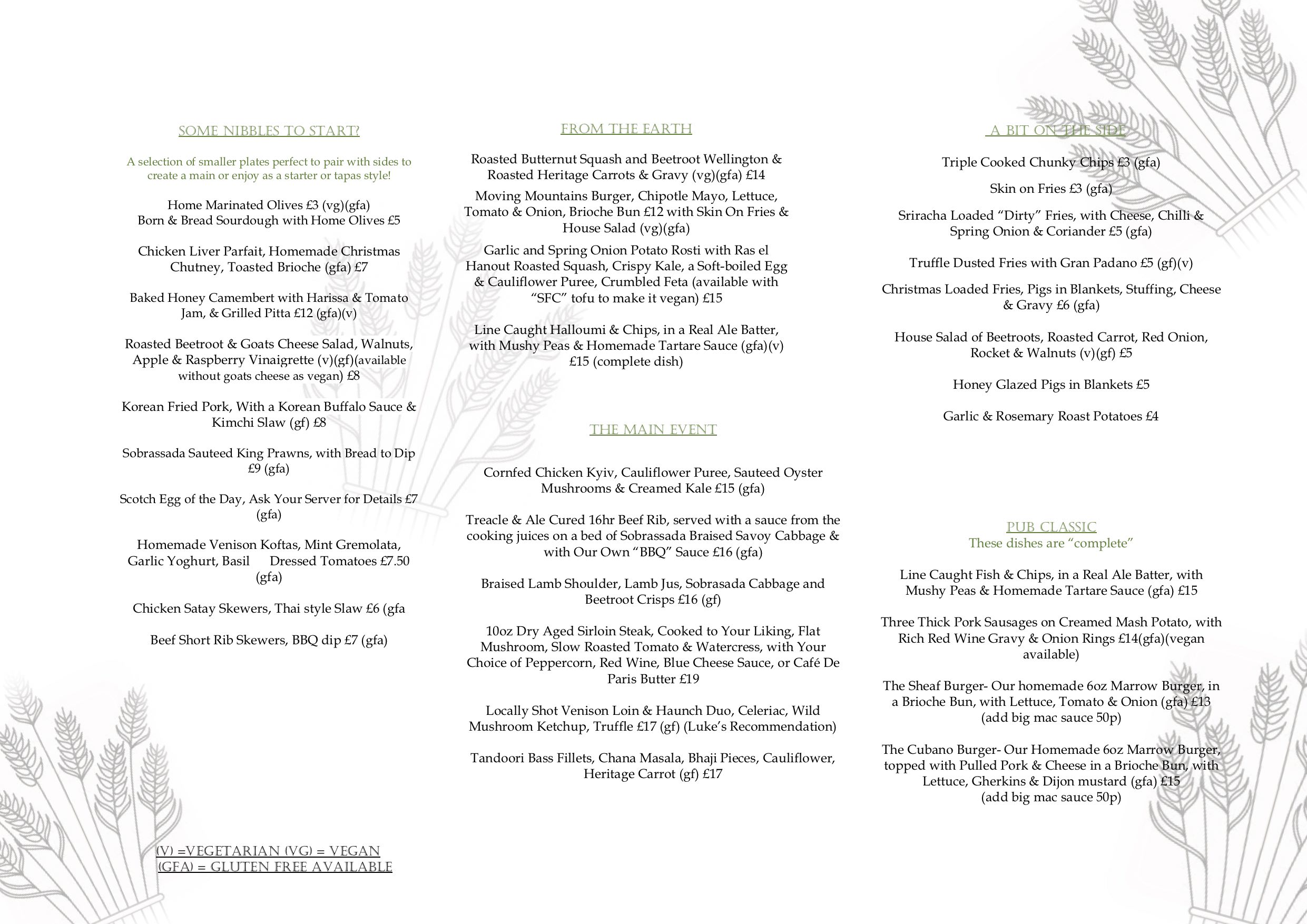 The Sheaf Main Winter Menu Main Menu Autumn 2023